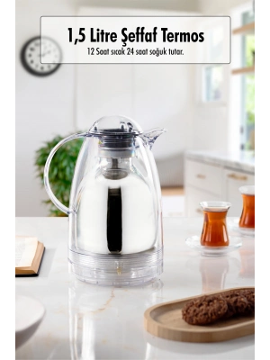1.5 LT Isı Yalıtımlı Çay Ve Soğuk Su Termosu Şeffaf (12 Saat Sıcak Tutar& İçi Camdır)