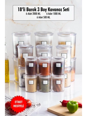 18li Barok Yuvarlak 3 Boy Kavanoz Seti & Saklama Kabı & Erzak Kabı (6*2000 ML, 6*1000 ML ,6*500 ML)