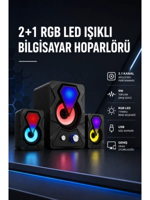 2+1 RGB LED Işıklı Güçlü Bas Sistemli Bilgisayar Hoparlörü