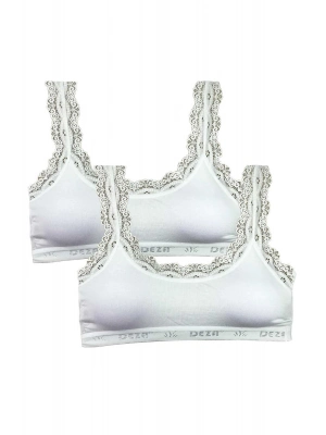 2 Adet Dantel Nakış İşlemeli Pedli Bambu Kadın Büstiyer Beyaz