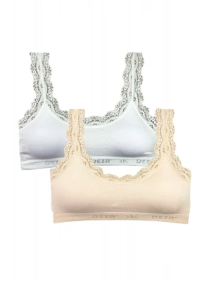 2 Adet Dantel Nakış İşlemeli Pedli Bambu Kadın Büstiyer Beyaz Krem