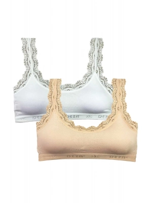 2 Adet Dantel Nakış İşlemeli Pedli Bambu Kadın Büstiyer Beyaz Ten