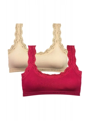 2 Adet Dantel Nakış İşlemeli Pedli Bambu Kadın Büstiyer Ten Bordo