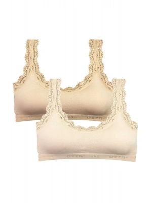 2 Adet Dantel Nakış İşlemeli Pedli Bambu Kadın Büstiyer Ten Krem