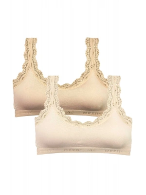 2 Adet Dantel Nakış İşlemeli Pedli Bambu Kadın Büstiyer Ten Krem