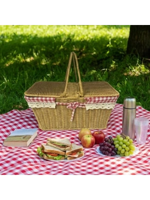®  2 Kapaklı Dikdörtgen Plastik Rattan Piknik Sepeti – Doğal Hasır Görünümlü Çok Amaçlı Piknik, Plaj ve Bahçe Sepeti