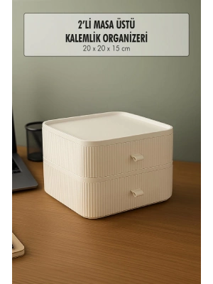 2 Katlı Çekmeceli Kalemlik & Ofis Masa Üstü Düzenleyici & Çok Amaçlı Organizer Beyaz