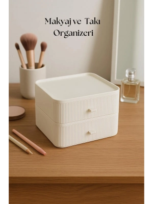 2 Katlı Çekmeceli Makyaj Organizeri & Çok Amaçlı Düzenleyici Beyaz