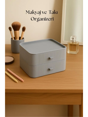 2 Katlı Çekmeceli Makyaj Organizeri & Çok Amaçlı Düzenleyici Gri