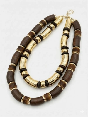 2li Ahşap Kolye - Kahverengi