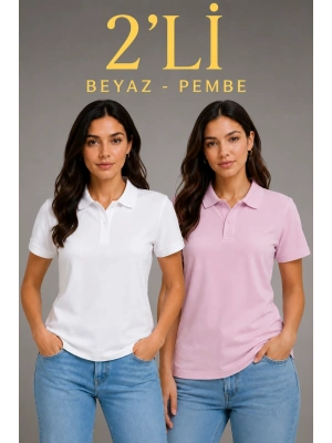 2li Kadın Polo Yaka Pike Kumaş Düğmeli Basic Tişört Günlük Rahat Kesim - Beyaz, Pembe