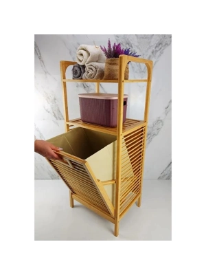 2 Organizer Raflı Ahşap Bambu Çek-Aç Kirli Sepeti