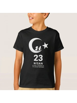 23 Nisan    ramı Baskılı Özel T-shirt - Siyah -