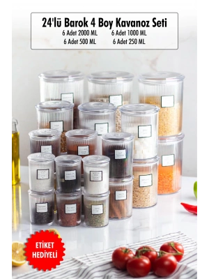 24lü Barok Yuvarlak 4 Boy Kavanoz Seti & Saklama Kabı & Erzak Kabı (6*2000 ML, 6*1000 ML, 6*500 ML, 6*250 ML)