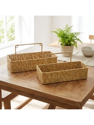 ®  2’li Duvar Askılı Plastik Rattan Organizer – Dikdörtgen Hasır Görünümlü Mutfak Raf Sepeti, Banyo ve Ev İçi Düzenleme Ünitesi