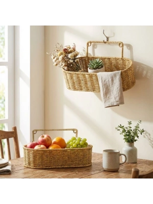 ®  2’li Duvar Askılı Plastik Rattan Organizer – Oval Hasır Görünümlü Mutfak Raf Sepeti, Banyo ve Ev İçi Düzenleme Ünitesi