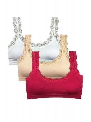 3 Adet Dantel Nakış İşlemeli Pedli Bambu Kadın Büstiyer Beyaz Ten Bordo