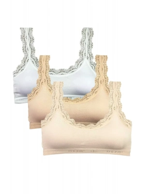 3 Adet Dantel Nakış İşlemeli Pedli Bambu Kadın Büstiyer Beyaz Ten Krem