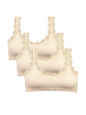 3 Adet Dantel Nakış İşlemeli Pedli Bambu Kadın Büstiyer Krem
