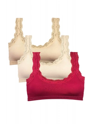 3 Adet Dantel Nakış İşlemeli Pedli Bambu Kadın Büstiyer Ten Krem Bordo