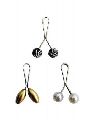 3 Adet Tesettür Eşarp ve Şal Klipsi Sarı İnci Beyaz Siyah Desenli