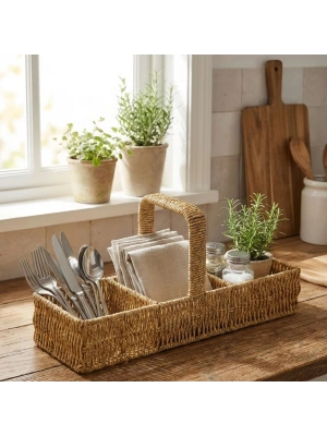 ®  3 Bölmeli Plastik Rattan Düzenleyici–Saplı Masaüstü Organizer, Mutfak Kaşık Çatal Sepeti, Banyo & Ofis Çok Amaçlı Sunum Standı