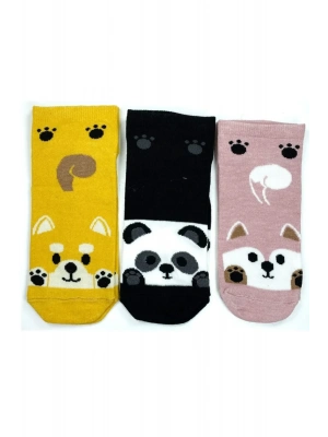 3 Çift Sevimli Hayvan Baskılı Pamuklu Kadın Bilek Çorap