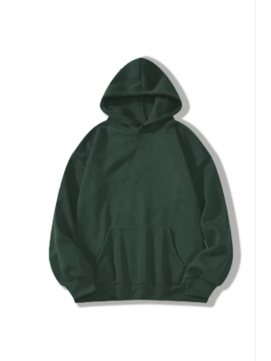 3 İplik Pamuklu   Kapşonlu Sweetshirt - Haki -