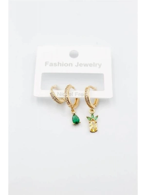 3lü Ananas Küpe - Altın