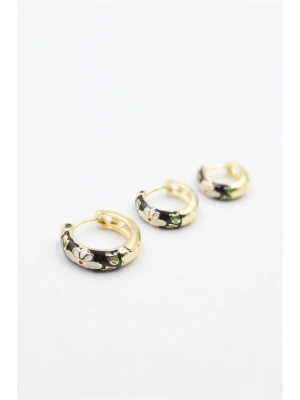 3lü Mineli Çiçek Küpe - Siyah