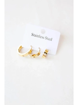 3lü Taşlı Çelik Halka Küpe - Altın