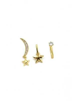 3lü Taşlı Halka Küpe - Altın