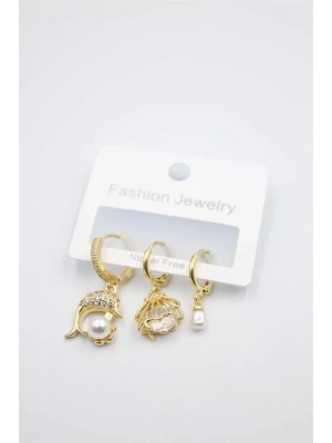 3lü Yunus Balığı Küpe - Altın