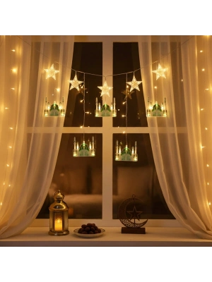 3 mt Fişli Yeşil Cami Yıldız Ramazan Perde LED