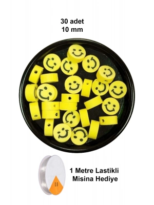30 Adet 10 mm Polimer Kil Fimo Boncuk Takı Bileklik + 1 Metre Lastikli Misina Hediye - Gülen Yüz Smile