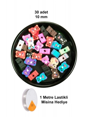 30 Adet 10 mm Polimer Kil Fimo Boncuk Takı Bileklik + 1 Metre Lastikli Misina Hediye - Renkli Ayıcık