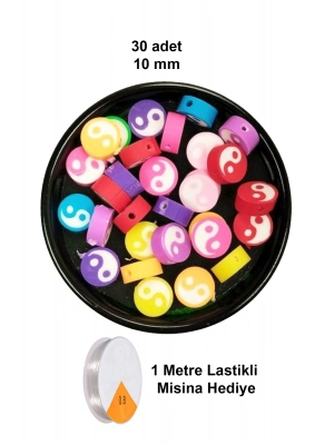 30 Adet 10 mm Polimer Kil Fimo Boncuk Takı Bileklik + 1 Metre Lastikli Misina Hediye - Renkli Yin Yang