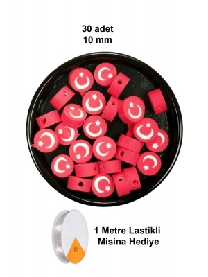30 Adet 10 mm Polimer Kil Fimo Boncuk Takı Bileklik + 1 Metre Lastikli Misina Hediye - Türk Bayrağı