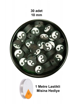30 Adet 10 mm Polimer Kil Fimo Boncuk Takı Bileklik + 1 Metre Lastikli Misina Hediye - Yin Yang