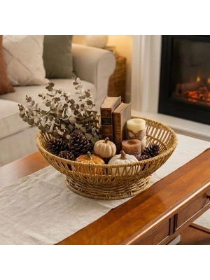 ®  31 cm Plastik Rattan Servis Çanağı – Doğal Hasır Görünümlü Dekoratif Meyve, Ekmek ve Sunum Kasesi