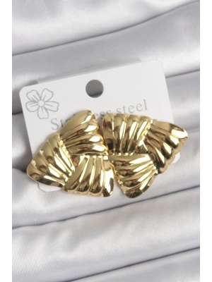 316 Çelik Gold Renk İşlemeli Üçgen Model Kadın Küpe