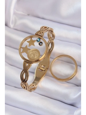 ® 316L Çelik Altın Renk İçi Nazar Boncuk ve Yıldız Figürlü Açılabilir Fanus Kelepçe