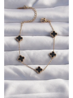 316L Çelik Baby Boy Gold Renk Siyah Mineli Yonca Bileklik