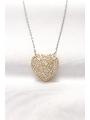 316L Çelik Çift Renk Zirkon Taşlı Kalp Kolye