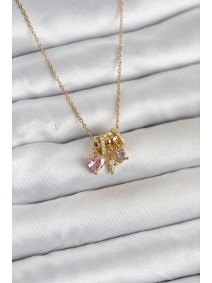 316L Çelik Gold Pembe Zirkon Taşlı Charmlı Kadın Kolye