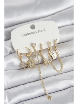 316L Çelik Gold Renk 6lı Set Charmlı Kadın Küpe