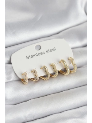 316L Çelik Gold Renk 6lı Set Kalp Form Kadın Küpe