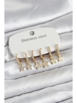 316L Çelik Gold Renk 6lı Set Yıldız Model Kadın Küpe