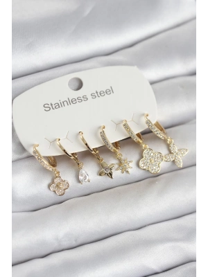 316L Çelik Gold Renk 6lı Set Yonca Model Kadın Küpe