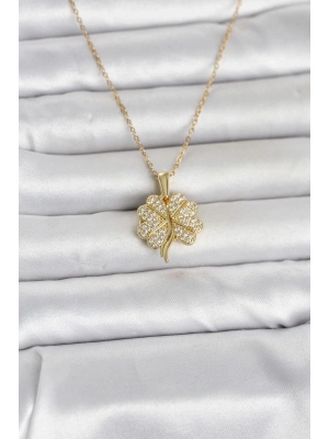 316L Çelik Gold Renk Açılabilir Yonca Model Zirkon Taşlı Kadın Kolye